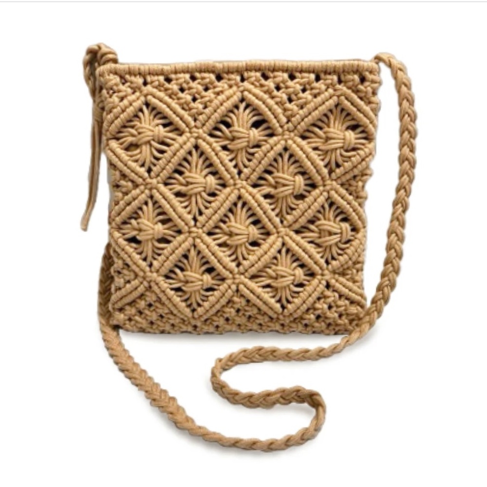Hazel Crochet Crossbody in Natural. Top Zip Closure.  10”W x 10”H x .5D -New